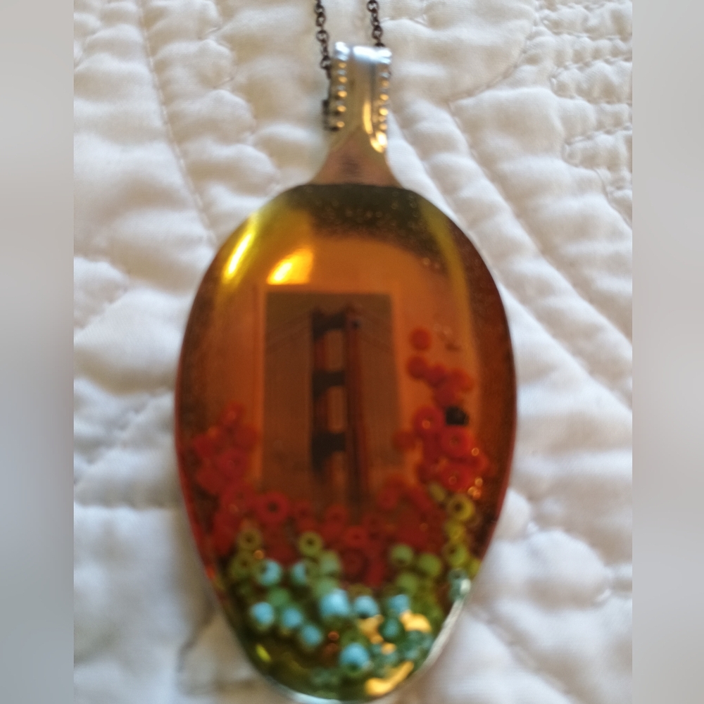 Unique Artisan Handmade Silver Spoon Pendant Necklace W/Golden Gate Brdg & Beads